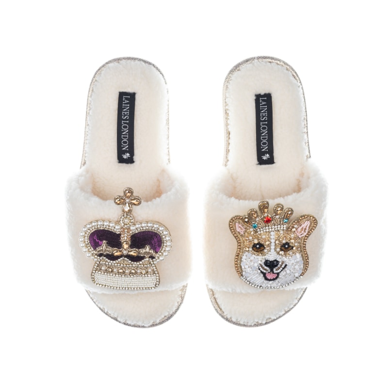 Thumbnail of Teddy Towelling Slipper Sliders With Corgi & Crown Brooches - Cream image