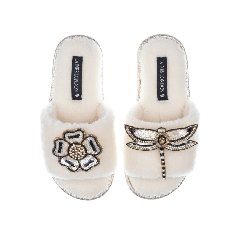 Thumbnail of Teddy Towelling Slipper Sliders With Dragonfly & Flower Brooches - Cream image