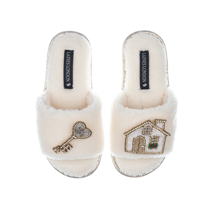 Thumbnail of Teddy Towelling Slipper Sliders With New Home Brooches - Cream image