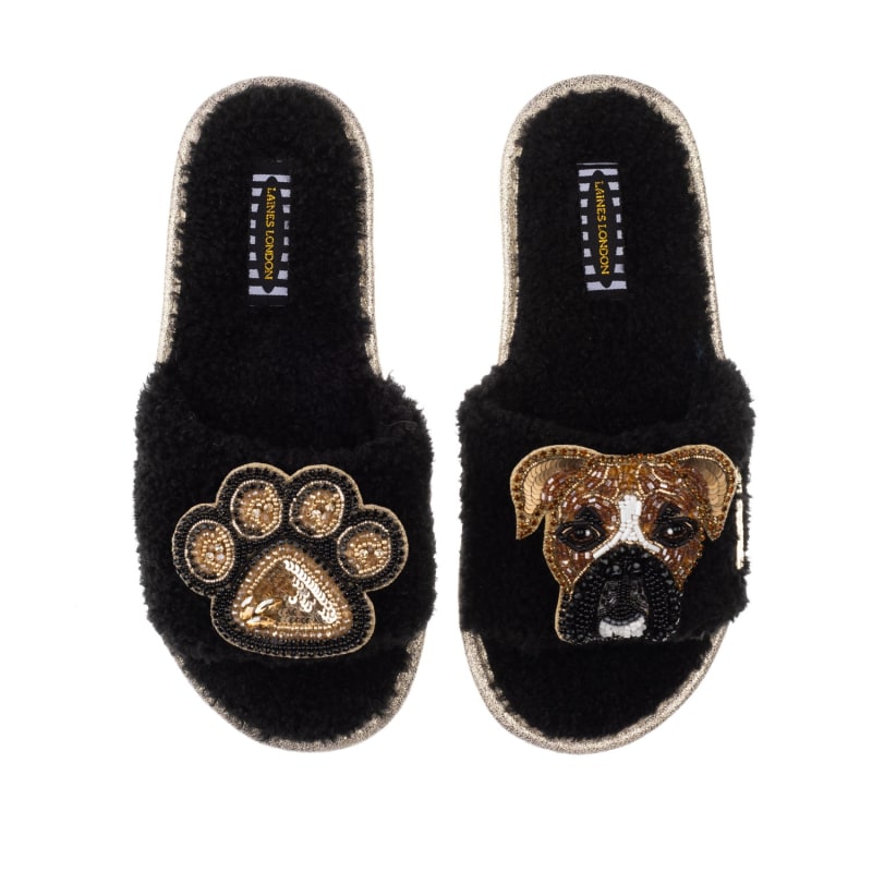 Teddy Towelling Slipper Sliders With Pip The Boxer Paw Brooches