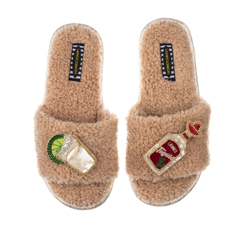 Thumbnail of Teddy Towelling Slipper Sliders With Tequila Slammer Brooches - Toffee image