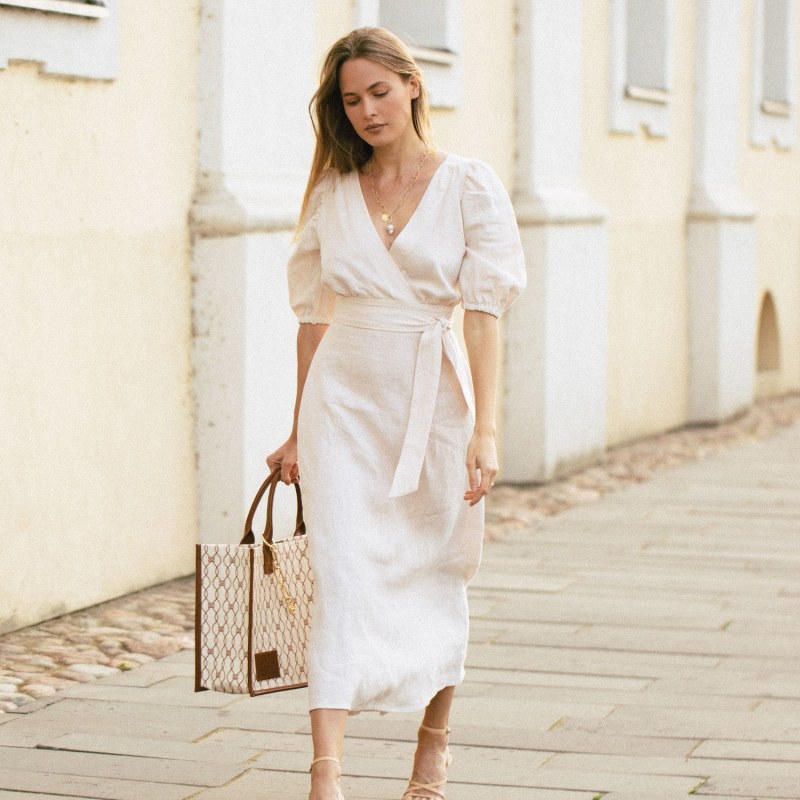 Linen wrap dress midi deals