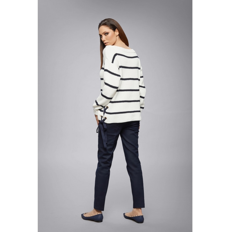 Thumbnail of Monaco Striped Cotton Sweater With Metal Eyelets In Cream image