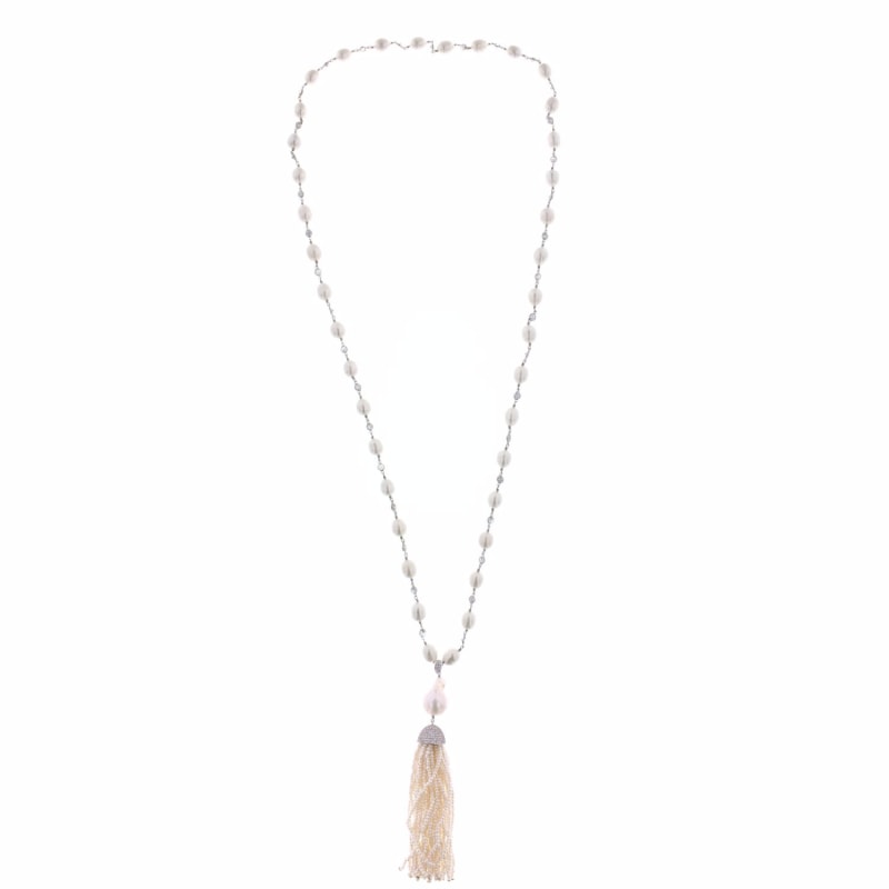 Thumbnail of White Pearl & Pearl Tassel Necklace image