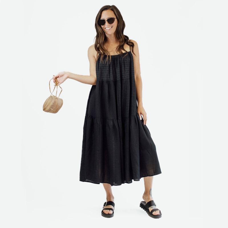 Thumbnail of Cotton Linen Tiered Patchwork Slip Dress - Black image