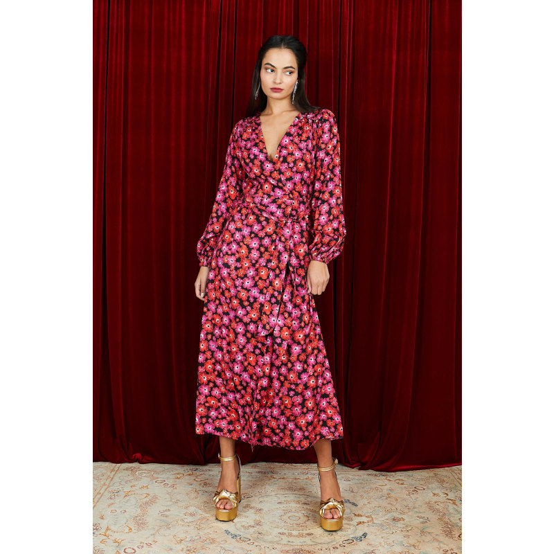 Thumbnail of The Annalise Satin Wrap Long Sleeve Midi Dress In Pink Floral image