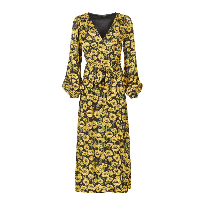 Thumbnail of The Annalise Satin Wrap Long Sleeve Midi Dress In Yellow Poppy image