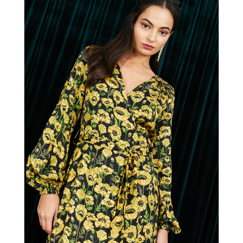 Thumbnail of The Annalise Satin Wrap Long Sleeve Midi Dress In Yellow Poppy image