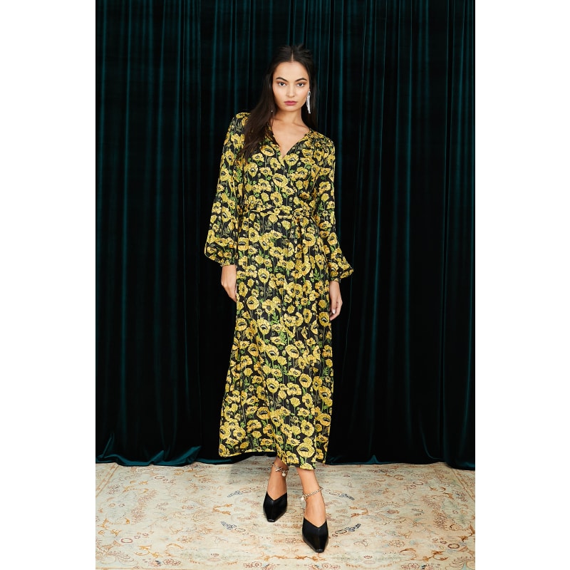 Thumbnail of The Annalise Satin Wrap Long Sleeve Midi Dress In Yellow Poppy image