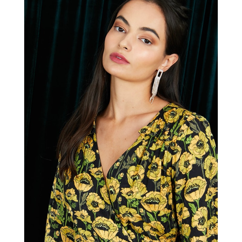 Thumbnail of The Annalise Satin Wrap Long Sleeve Midi Dress In Yellow Poppy image