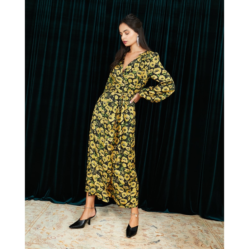 Thumbnail of The Annalise Satin Wrap Long Sleeve Midi Dress In Yellow Poppy image