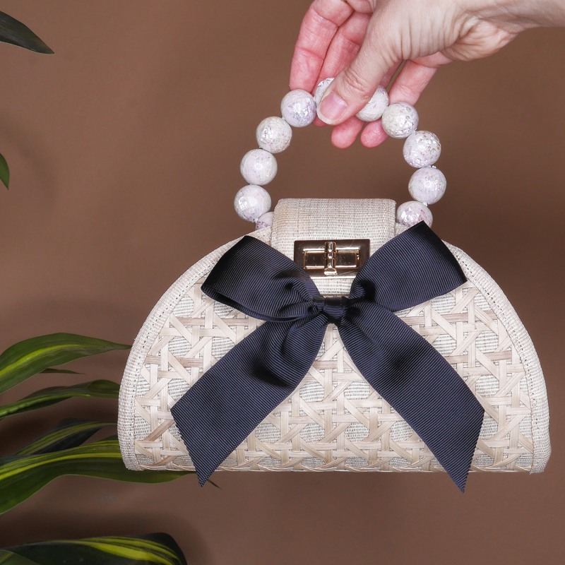 Thumbnail of The Arabella Cream, Black Bow, Shell Inlay Bead Rattan Woven Handbag image