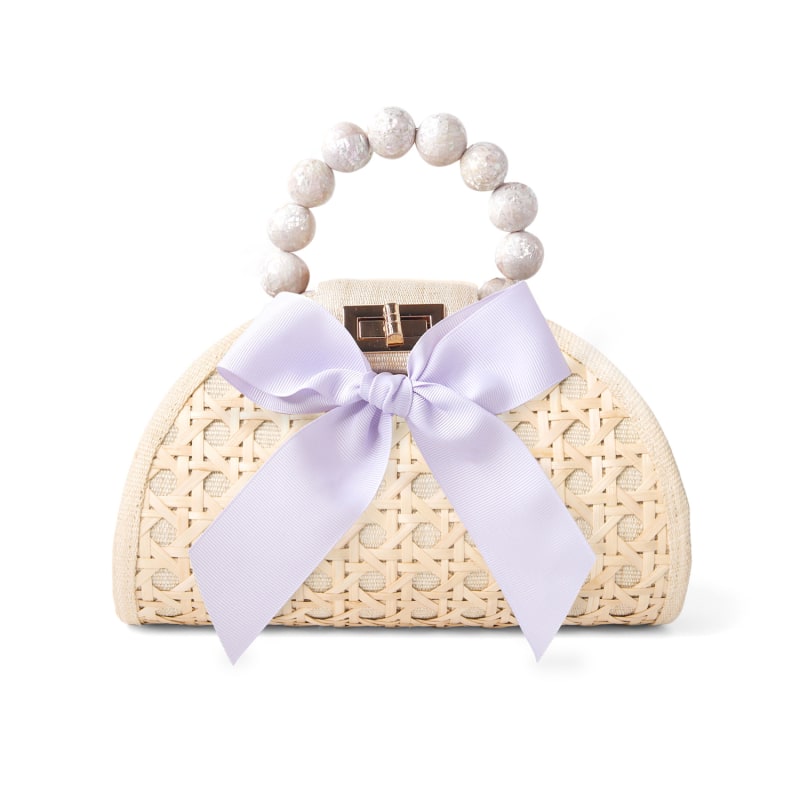 Thumbnail of The Arabella Cream, Lilac Bow, Shell Inlay Bead Rattan Woven Handbag image