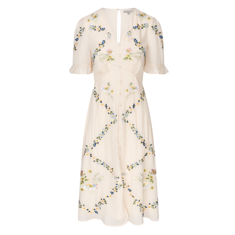 Thumbnail of The Astrid Embroidered Button Front Midi Dress With Frill Sleeve image