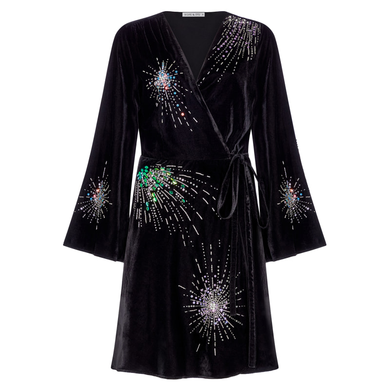 The Ceresi Embellished Mini Wrap Dress With Bell Sleeves by Hope and Ivy