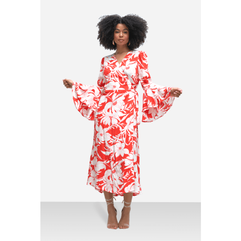 Thumbnail of The Dantea Long Flare Sleeve Wrap Dress In Red Vintage Floral image