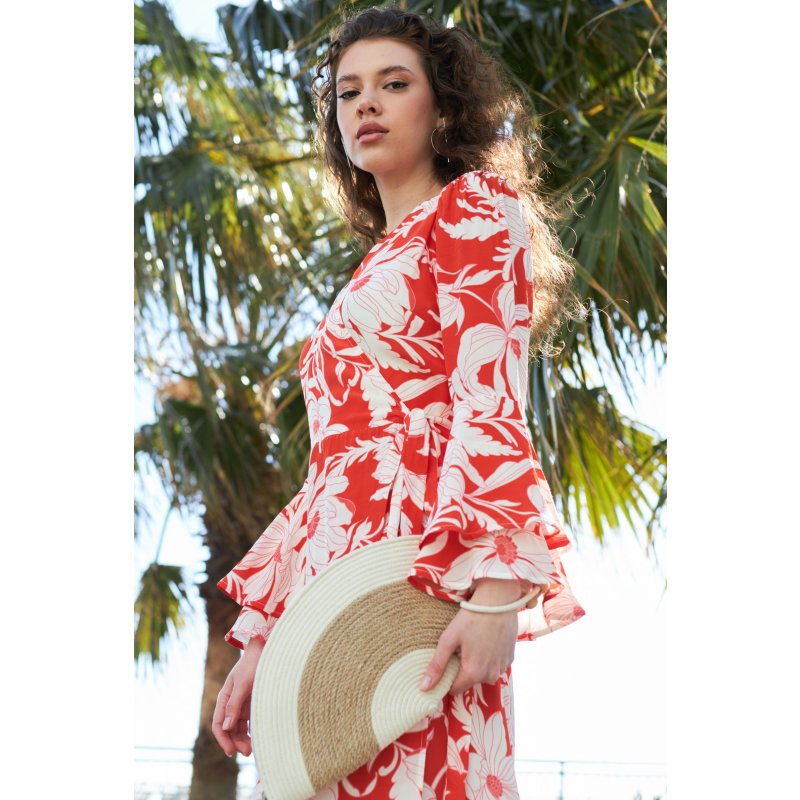 Thumbnail of The Dantea Long Flare Sleeve Wrap Dress In Red Vintage Floral image