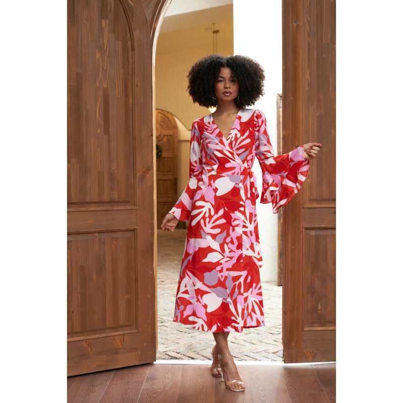 The Dantea Flare Sleeve Midi Wrap Dress Pink Purple Lavaand Wolf Badger