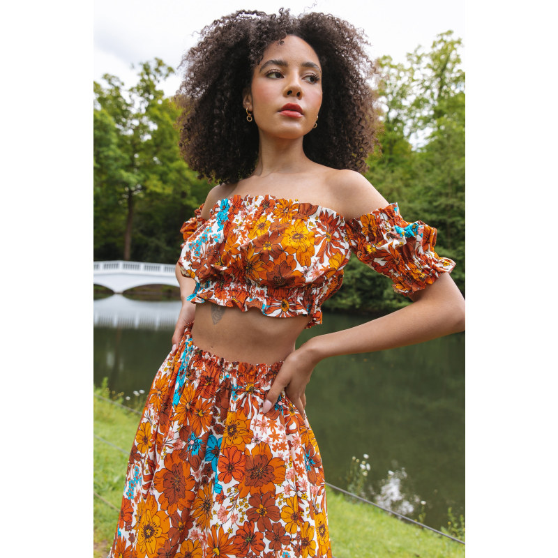 Thumbnail of The Evelyn Bardot Top In Brown Floral image