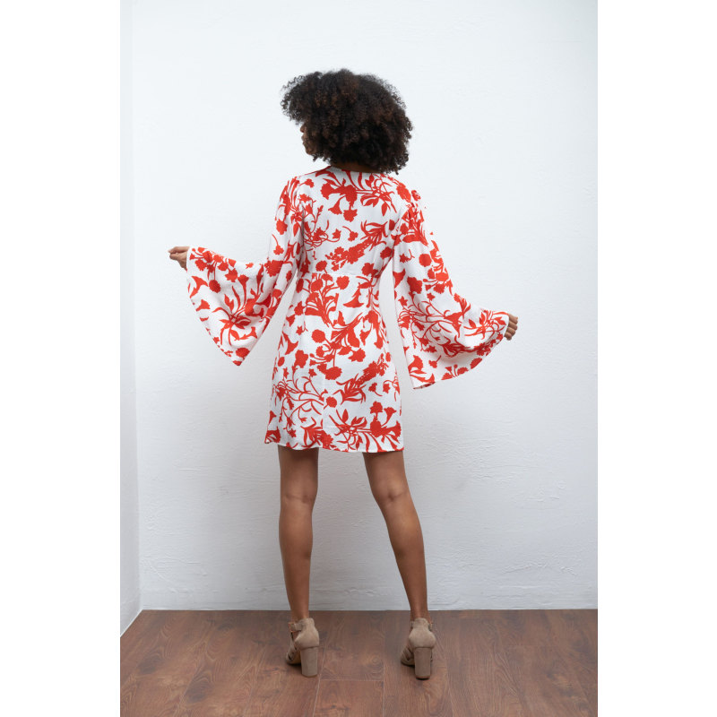 Thumbnail of The Florence V Neck Mini Dress Flare Sleeve In White Red Floral image