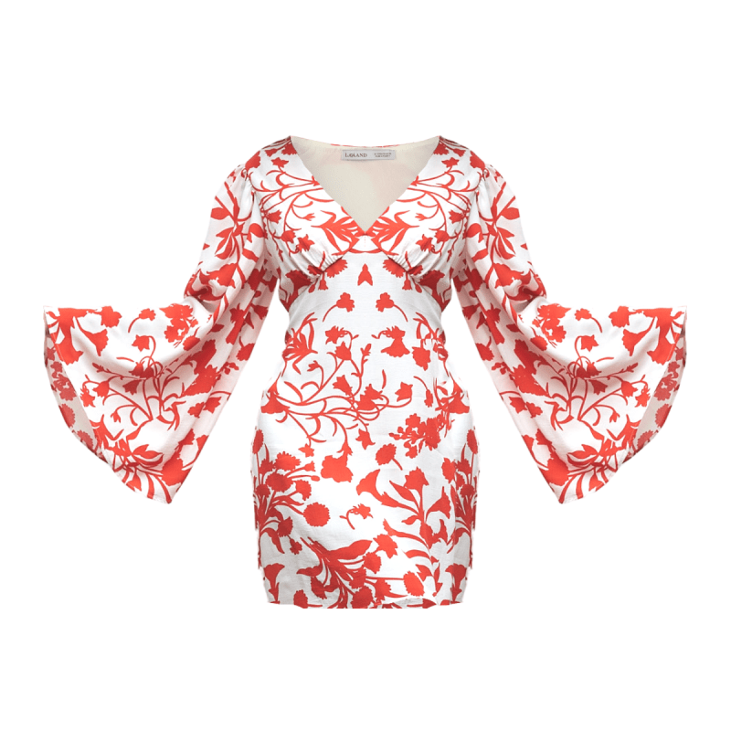 Thumbnail of The Florence V Neck Mini Dress Flare Sleeve In White Red Floral image