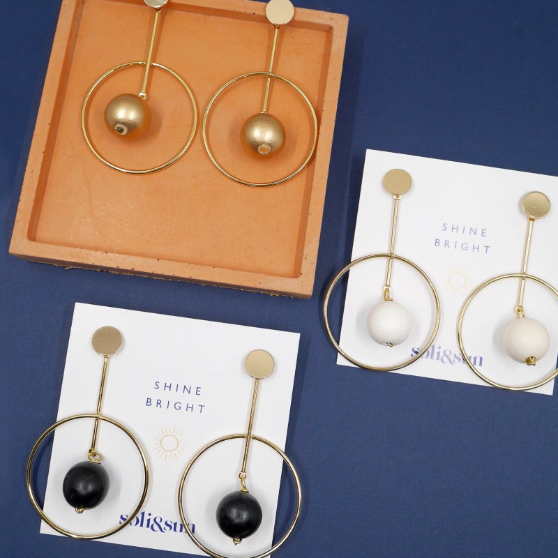 Thumbnail of The Georgina Black Wooden Bead & Gold Hoop Earrings image