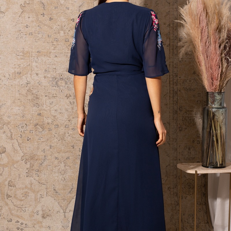 Thumbnail of The Gisela Embroidered Flutter Sleeve Maxi Wrap Dress With Tie Waist image