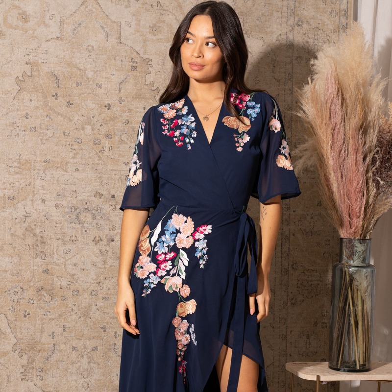 Thumbnail of The Gisela Embroidered Flutter Sleeve Maxi Wrap Dress With Tie Waist image