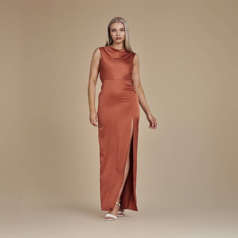 Thumbnail of Vest Floor Length Satin Dress - Harriet In Burnt Orange image