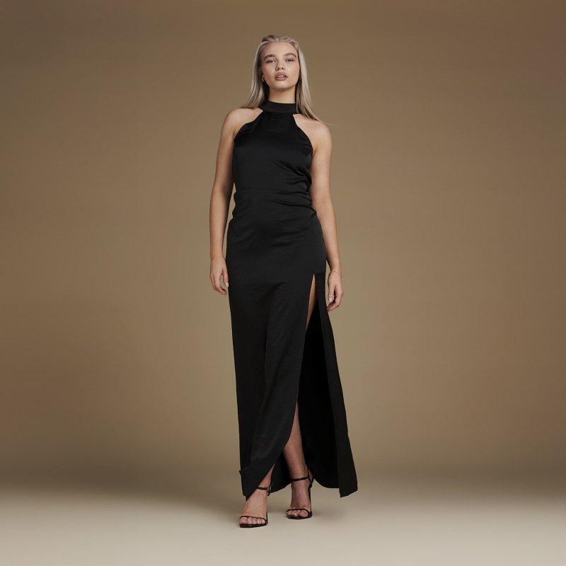 Thumbnail of Halter Neck Floor Length Satin Dress - Josephine In Black image