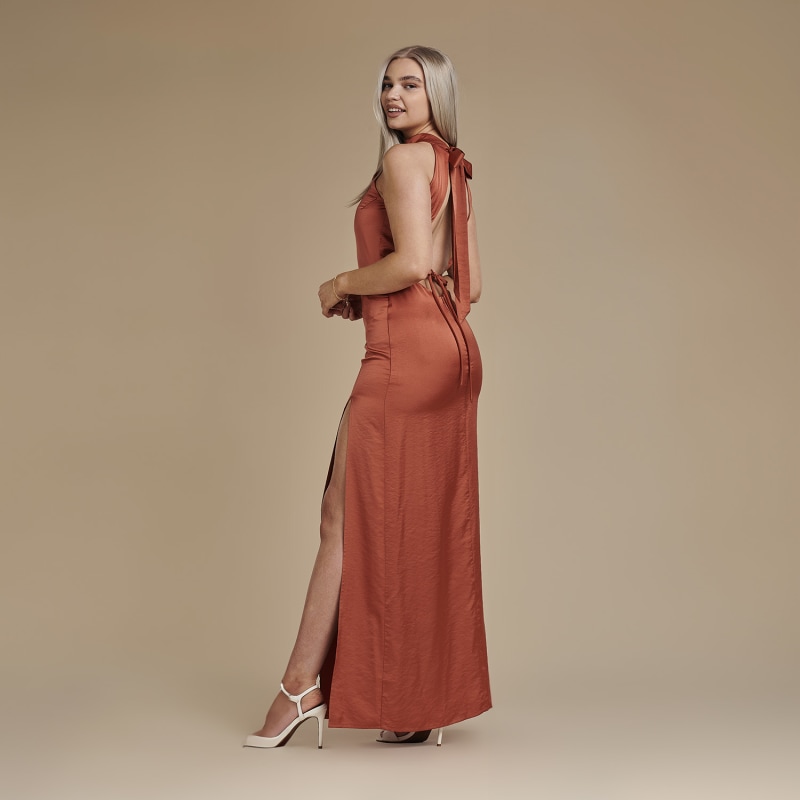 Thumbnail of Halter Neck Floor Length Satin Dress - Josephine In Burnt Orange image