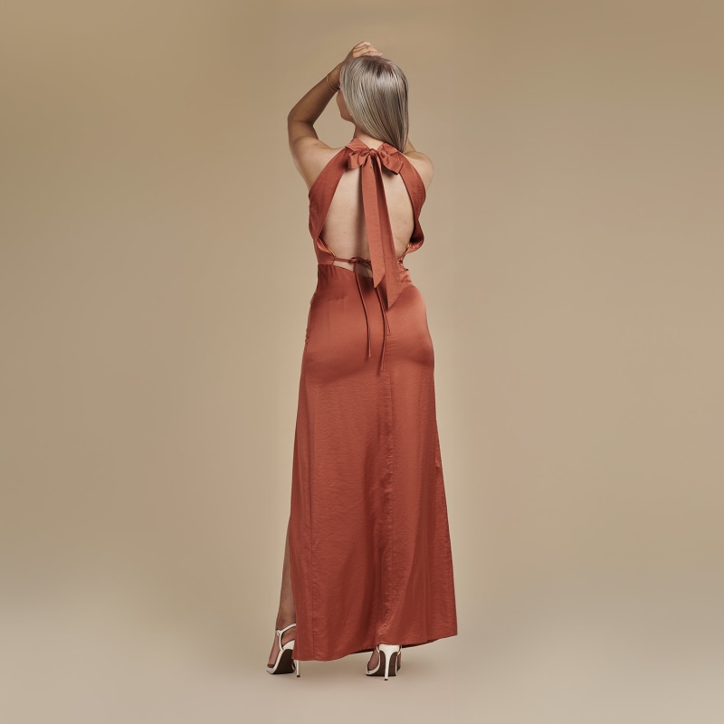 Thumbnail of Halter Neck Floor Length Satin Dress - Josephine In Burnt Orange image