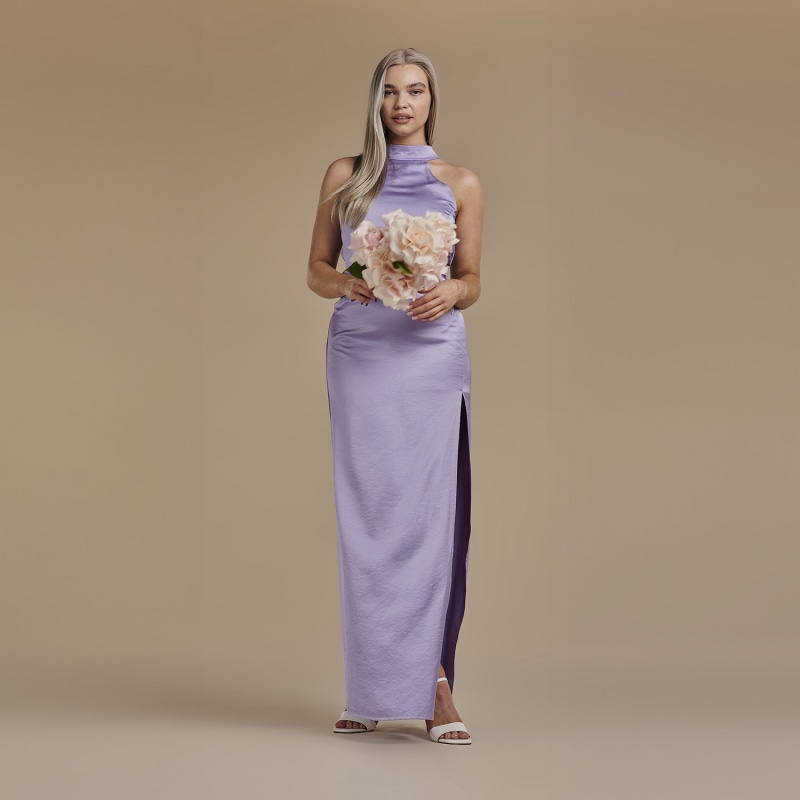 Thumbnail of Halter Neck Floor Length Satin Dress - Josephine In Lavender image