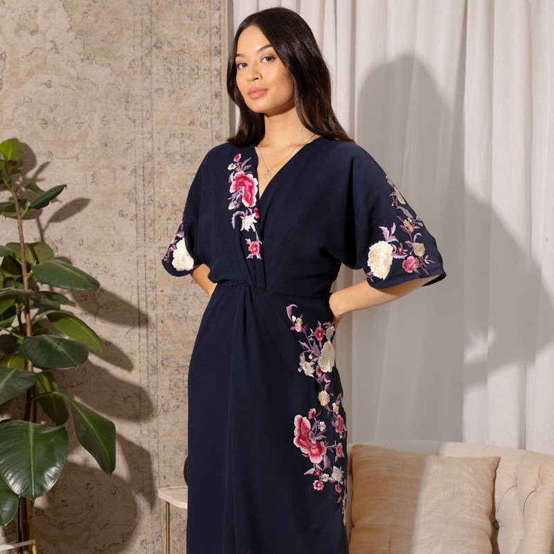 Thumbnail of The Katrina Embroidered Flutter Sleeve Twist Front Midi Dress image