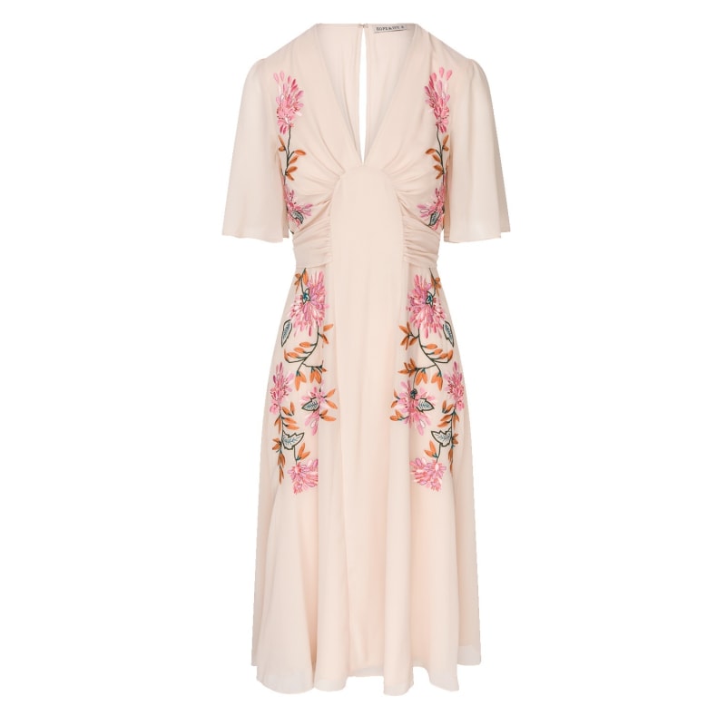 Hope and ivy embroidered midi dress with ruched sleeves cheap