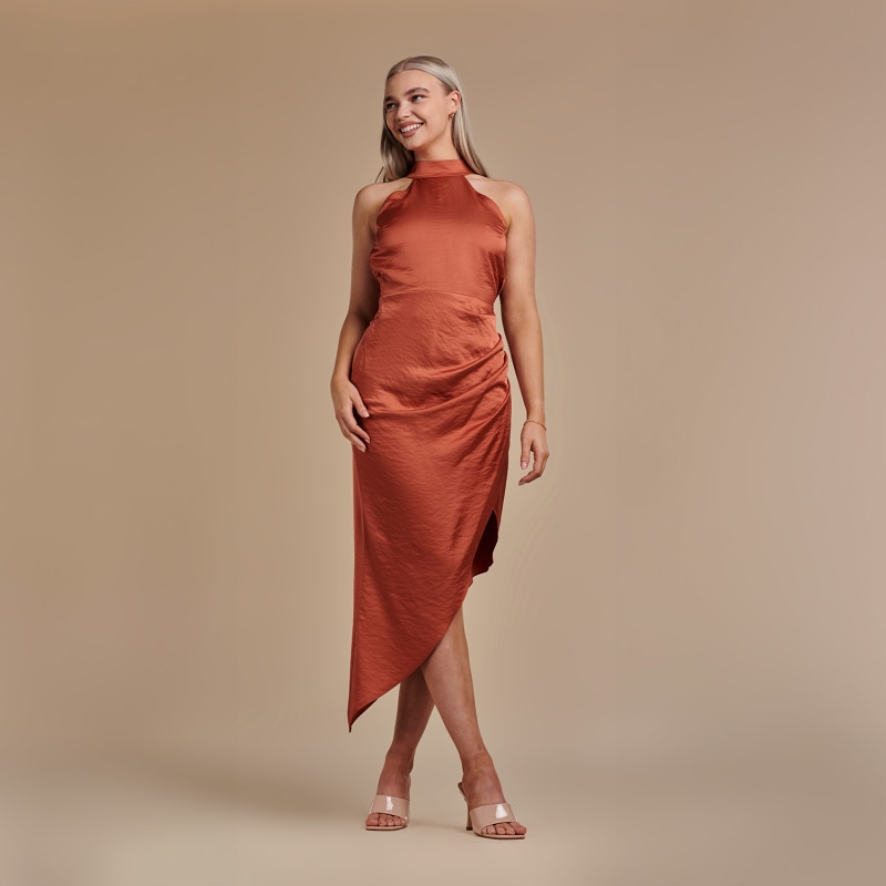 Thumbnail of Halter Neck Asymmetric Satin Dress - Lulu In Burnt Orange image