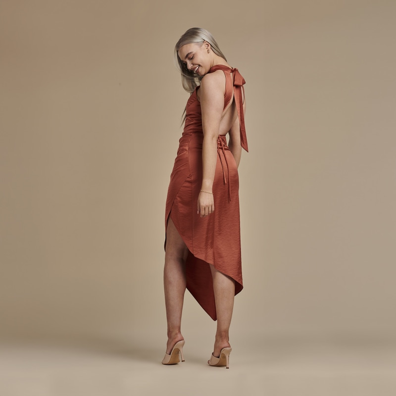 Thumbnail of Halter Neck Asymmetric Satin Dress - Lulu In Burnt Orange image