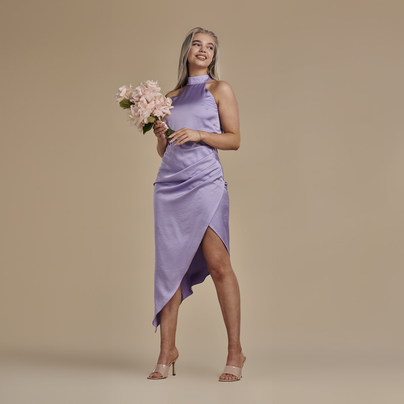 Thumbnail of Halter Neck Asymmetric Satin Dress - Lulu In Lavender image