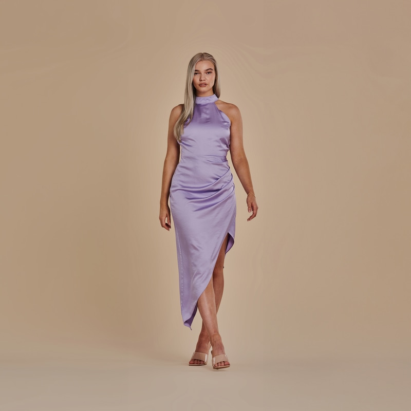 Thumbnail of Halter Neck Asymmetric Satin Dress - Lulu In Lavender image