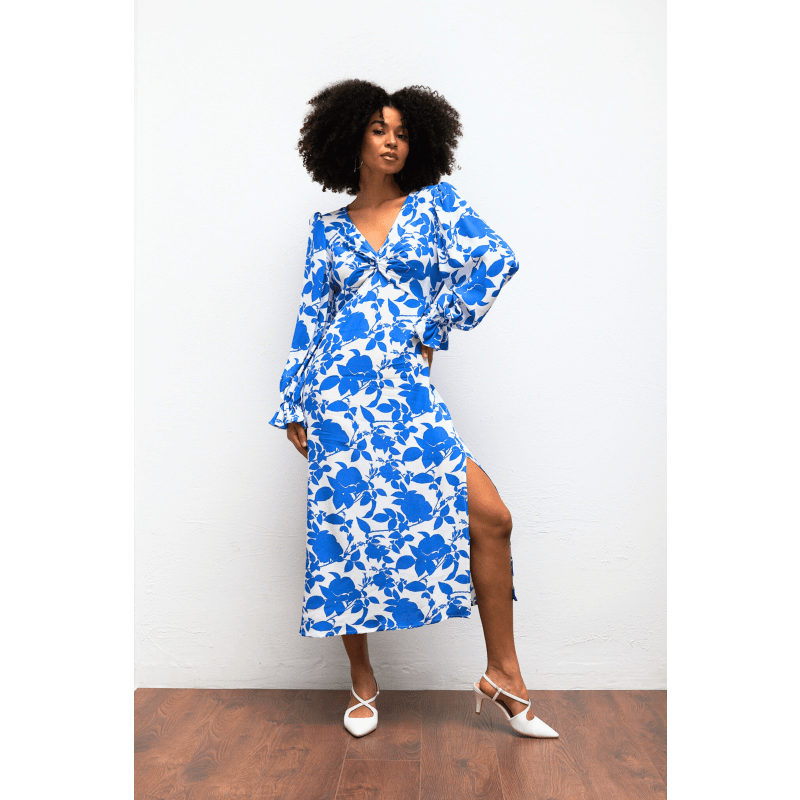 Thumbnail of The Maeve V Neck Long Sleeve Midi Dress In Blue Floral image