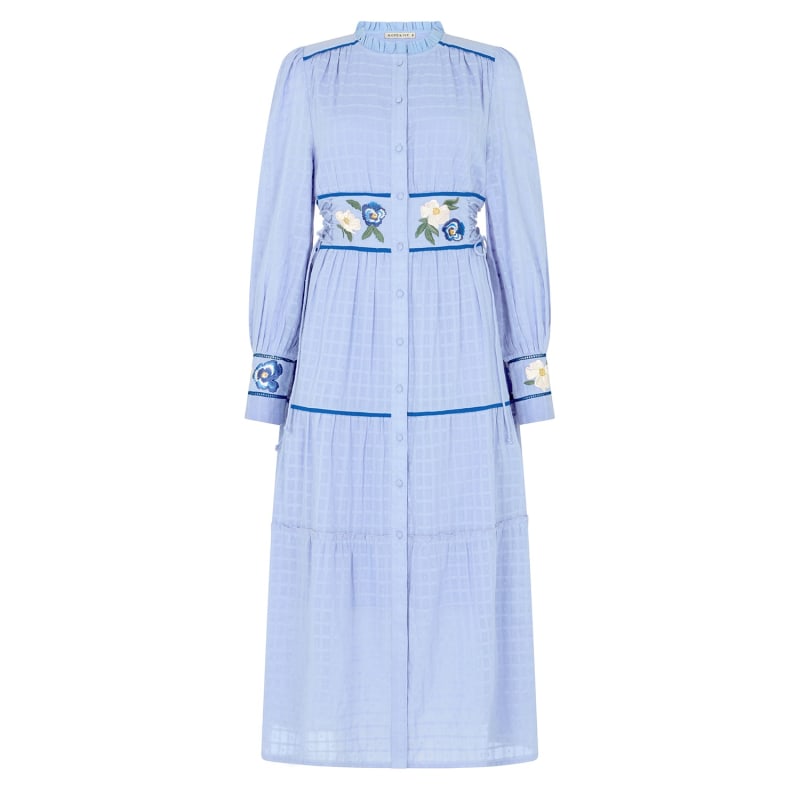The Melissa High Neck Front Button Embroidered Midi Dress Hope and Ivy Wolf Badger