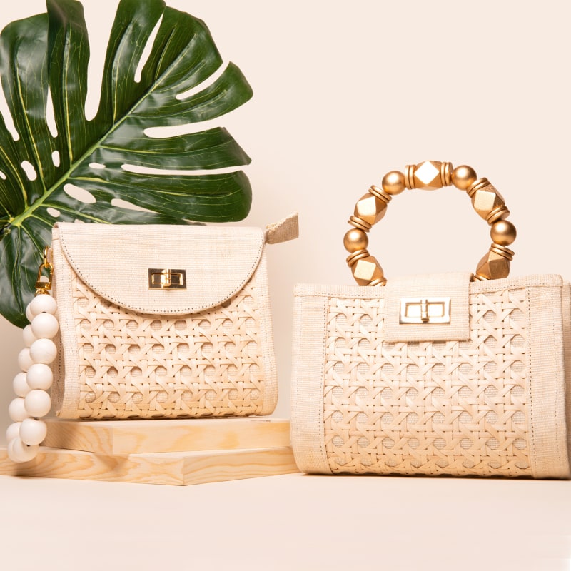 Thumbnail of The Mila Cream & Gold Rattan Woven Handbag image