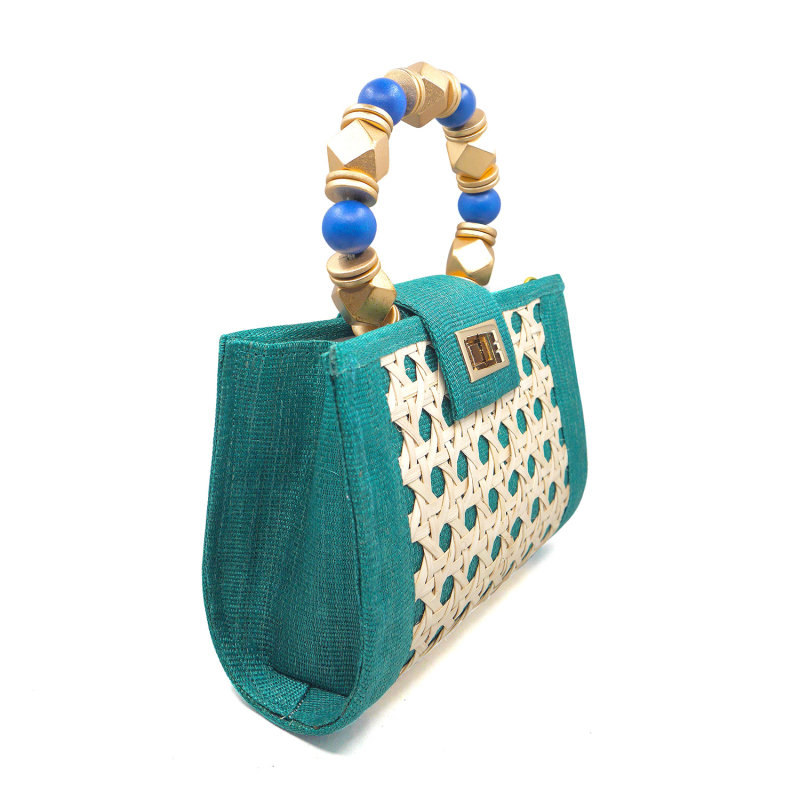 Thumbnail of The Mila Teal Green, Blue & Gold Rattan Woven Handbag image