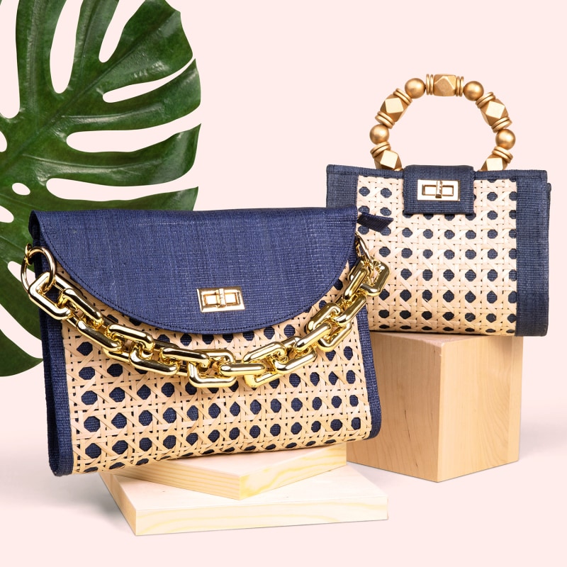 The Mila Navy Blue Gold Rattan Woven Handbag Soli Sun Wolf