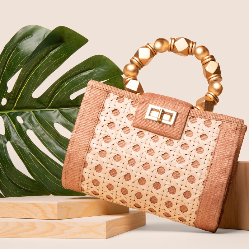 Thumbnail of The Mila Tan & Gold Rattan Woven Handbag image