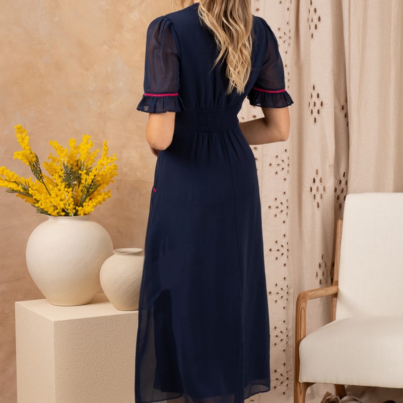 Thumbnail of The Niamh Embroidered Frill Sleeve Button Front Midi Dress With Ladder Trim image