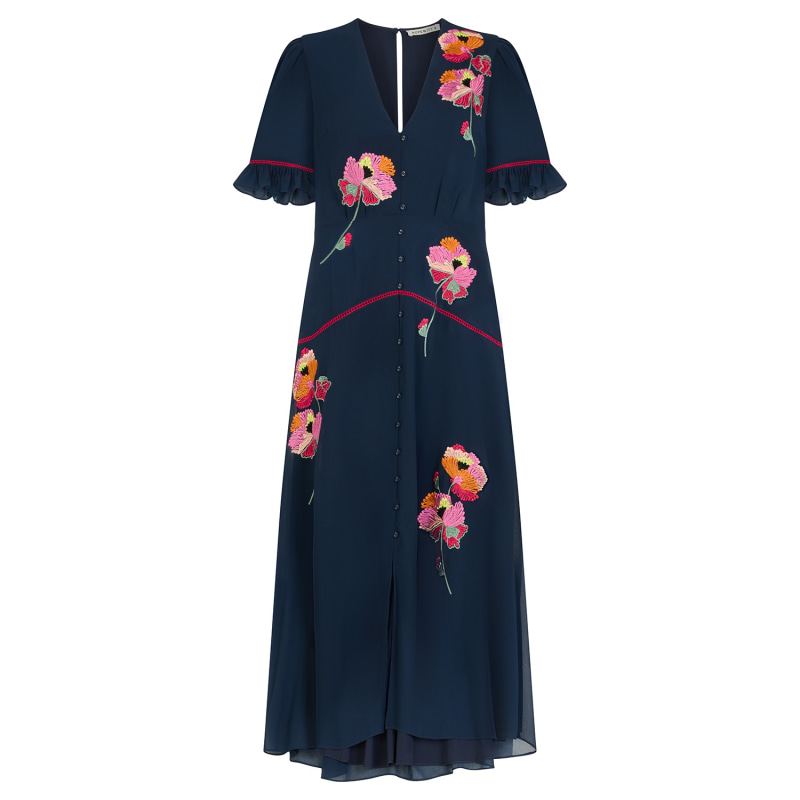 Thumbnail of The Niamh Embroidered Frill Sleeve Button Front Midi Dress With Ladder Trim image