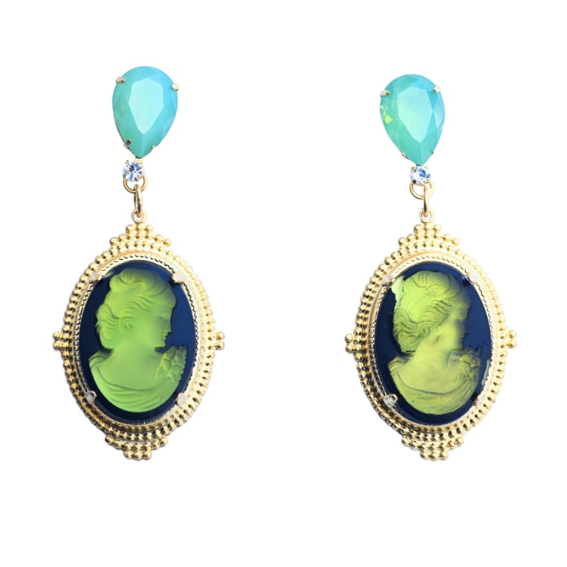 Thumbnail of The Pink Reef Hand Painted Glowing Olivine Vintage Cameo Earrings image