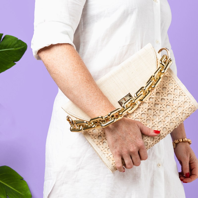 Thumbnail of The Soleil Cream Rattan Woven Clutch With Large Gold Chain image