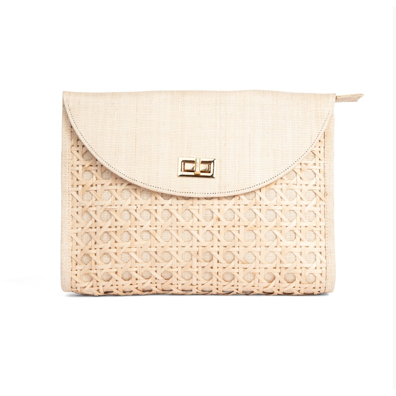 Thumbnail of The Soleil Cream Rattan Woven Clutch With Large Gold Chain image